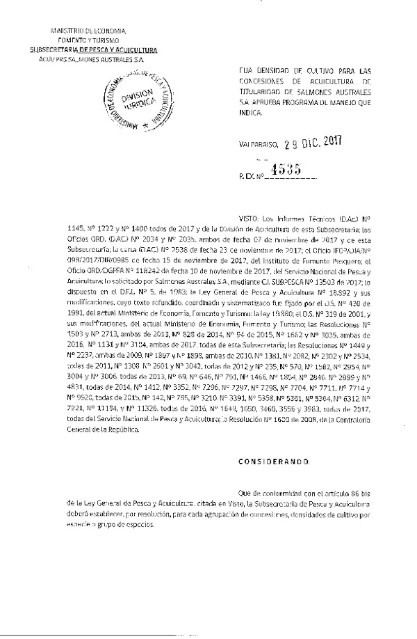 Res. Ex. N° 4535-2017 Fija Densidad de Cultivo para las Concesiones de Acuicultura que Indica. (Con Informe Técnico) (Publicado en Página Web 04-01-2018)