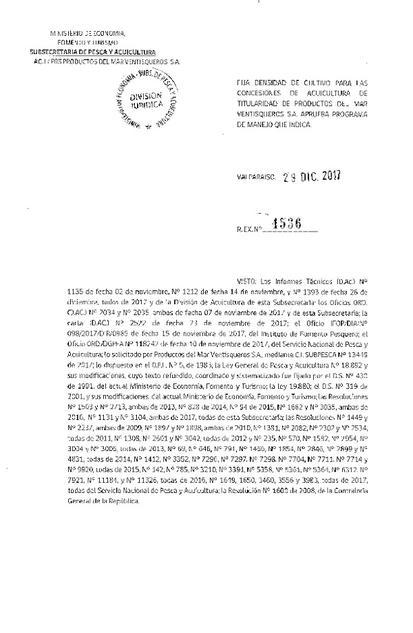 Res. Ex. N° 4536-2017 Fija Densidad de Cultivo para las Concesiones de Acuicultura que Indica. (Con Informe Técnico) (Publicado en Página Web 04-01-2018)