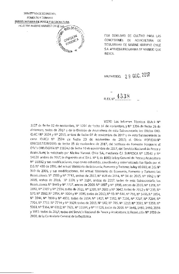 Res. Ex. N° 4538-2017 Fija Densidad de Cultivo para las Concesiones de Acuicultura que Indica. (Con Informe Técnico) (Publicado en Página Web 04-01-2018)