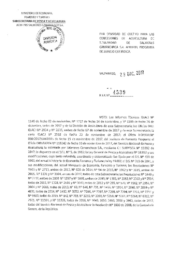 Res. Ex. N° 4539-2017 Fija Densidad de Cultivo para las Concesiones de Acuicultura que Indica. (Con Informe Técnico) (Publicado en Página Web 04-01-2018)