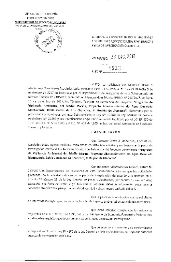 Res. Ex. N° 4523-2017 Programa de vigilancia ambiental del medio marino, III Región.