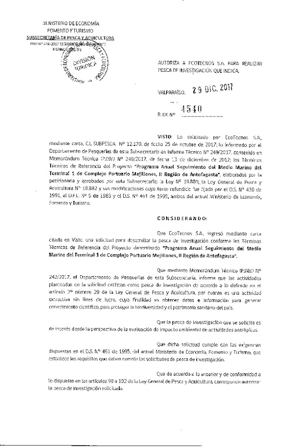 Res. Ex. N° 4540-2017 Programa anual seguimiento medio marino II Región.