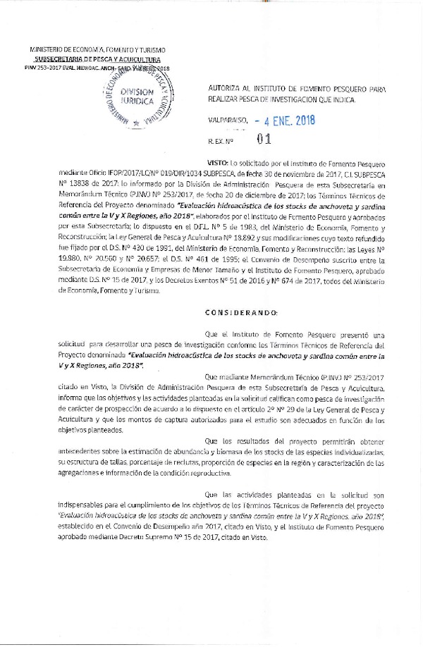 Res. Ex. N° 1-2018 Evaluación hidroacústica de los stocks de sardina común y anchoveta V-X Regiones.