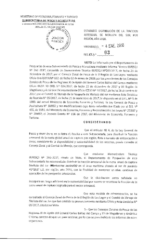 Res. Ex. N° 3-2018 Establece Distribución de la Fracción Artesanal de Merluza del sur, Por Región, X-XII Regiones. (Publicado en Página Web 05-01-2018) (F.D.O. 16-01-2018)