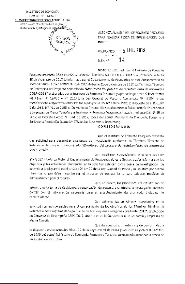 Res. Ex. N° 14-2018 Monitoreo del proceso de reclutamiento de anchoveta XV-II Regiones 2017-2018.