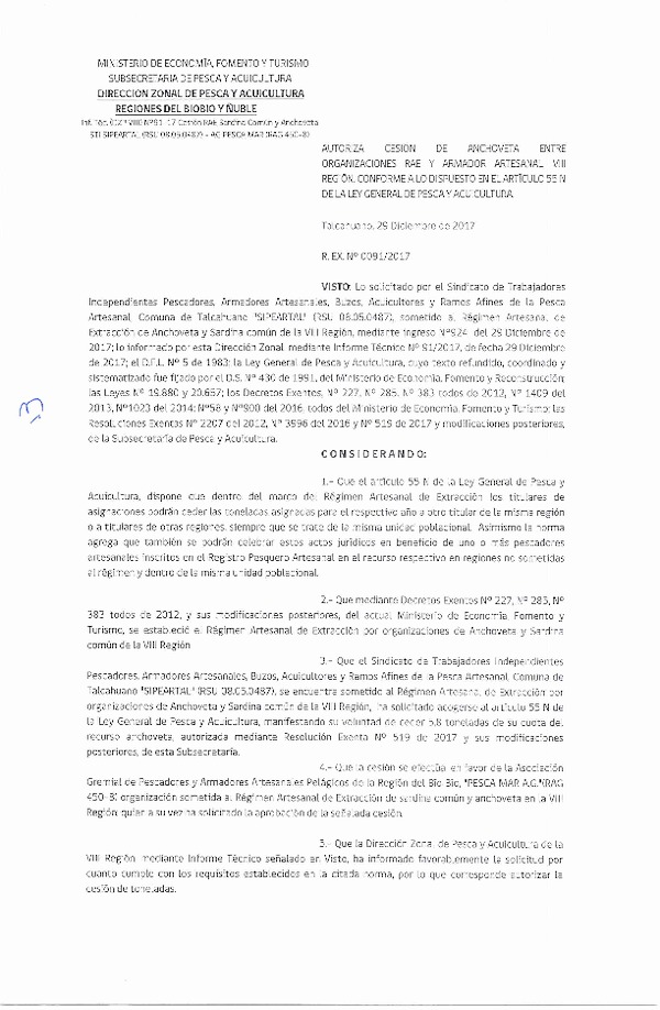 Res. Ex. N° 91-2017 (DZP VIII) Autoriza Cesión Sardina común, VIII Región.