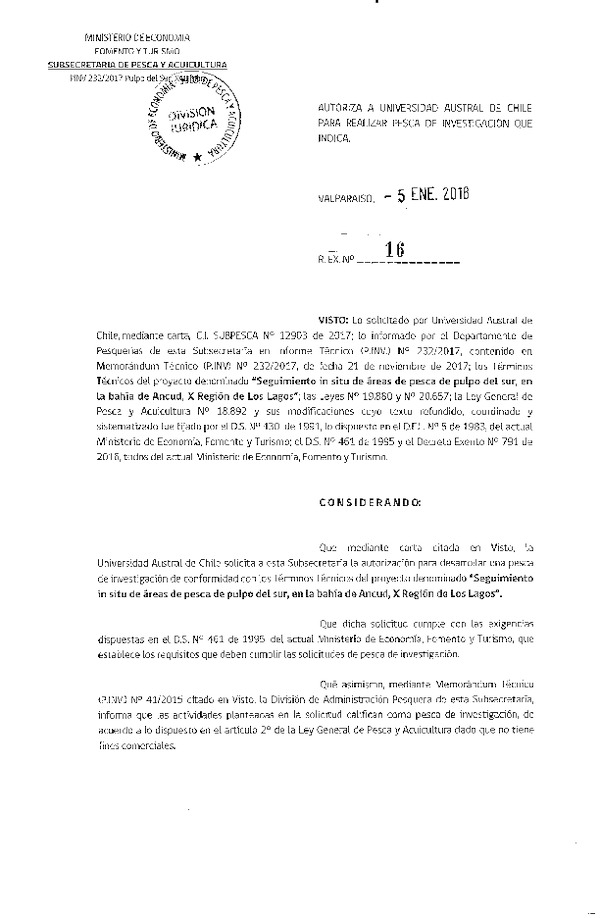 Res. Ex. N° 16-2017 Seguimiento in situ de áreas de pesca Pulpo del sur, X Región.