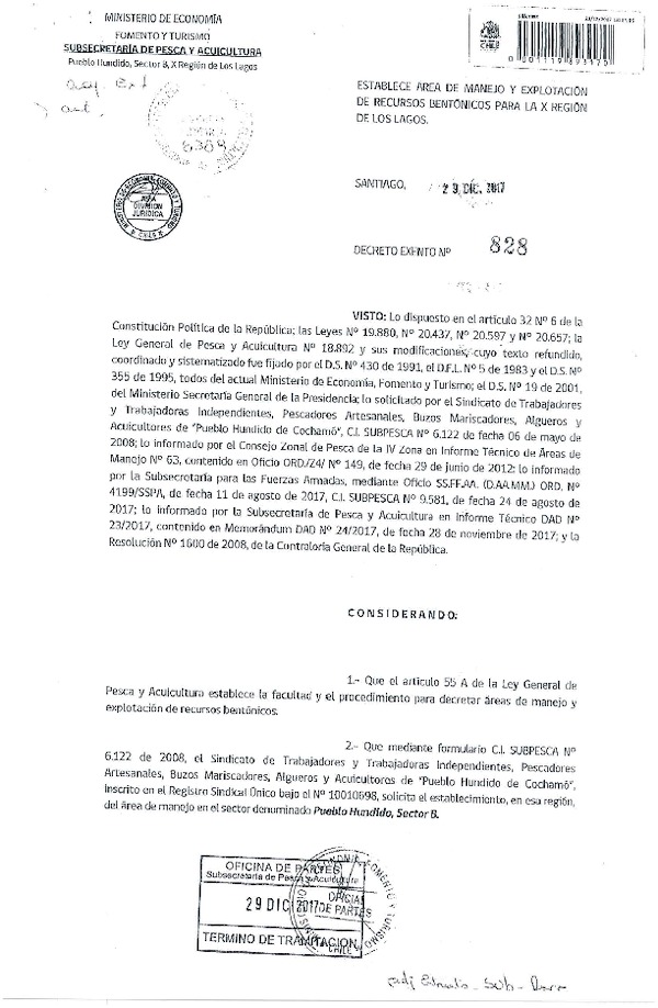 Dec. Ex. N° 828-2017 Establece Área de Manejo Pueblo Hundido Sector B, X Región (F.D.O. 11-01-2018)