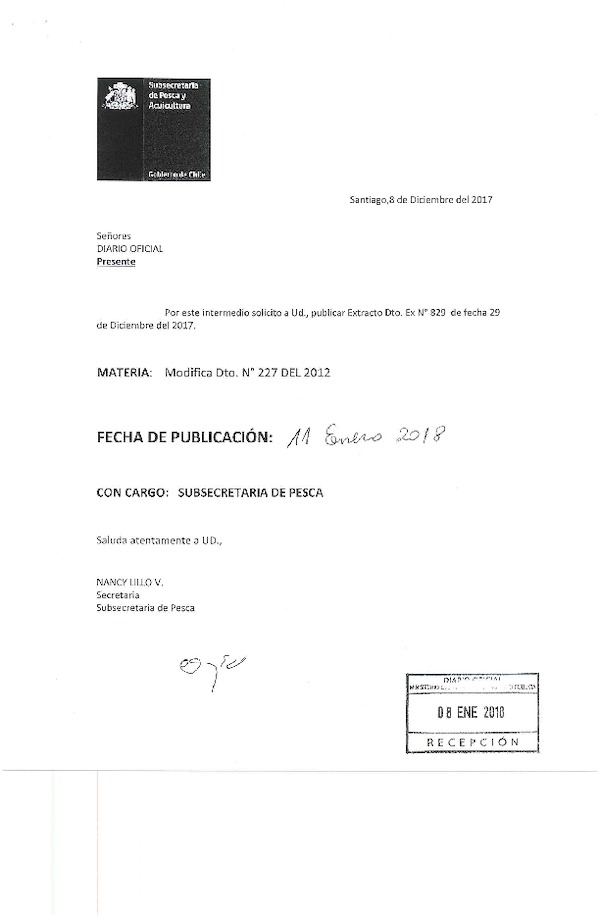 Dec. Ex. N° 829-2017 Modifica Dec. Ex. Nº 227-2012, Régimen Artesanal de Extracción Pelágicos, VIII Región. (Publicado en Página Web 09-01-2018) (F.D.O. 11-01-2018)