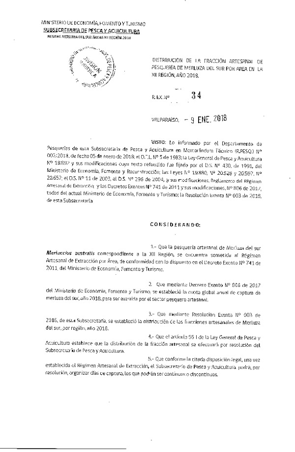 Res. Ex. N° 34-2018 Distribución de la Fracción Artesanal de Pesquería de Merluza del  Sur, XII Región, Año 2018. (Publicado en Página Web 10-01-2018) (F.D.O. 18-01-2018)