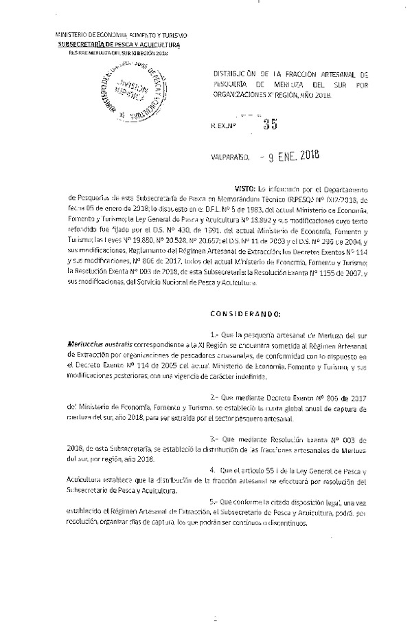 Res. Ex. N° 35-2018 Distribución de la Fracción Artesanal de Pesquería de Merluza del  Sur, XI Región, Año 2018. (Publicado en Página Web 10-01-2018) (F.D.O. 18-01-2018)