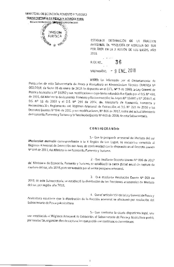 Res. Ex. N° 36-2018 Distribución de la Fracción Artesanal de Pesquería de Merluza del  Sur, X Región, Año 2018. (Publicado en Página Web 10-01-2018)