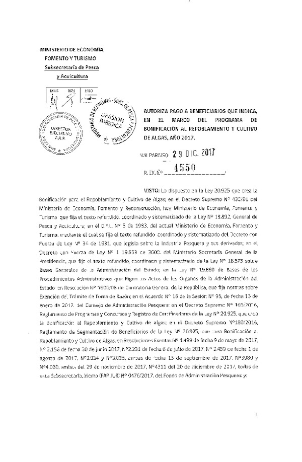 Res. Ex. N° 4550-2017 Autoriza pago a beneficiarios que indica, en el marco del programa de bonificación al repoblamiento y cultivo de algas, año 2017.