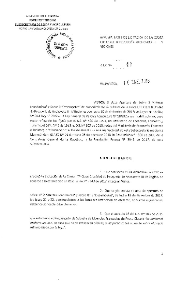 Res. Ex. N° 41-2018 Aprueba Bases de Licitación de la Cuota LTP Clase B Pesquería Anchoveta III-Iv Regiones. (Publicado en Página Web 10-01-2018)