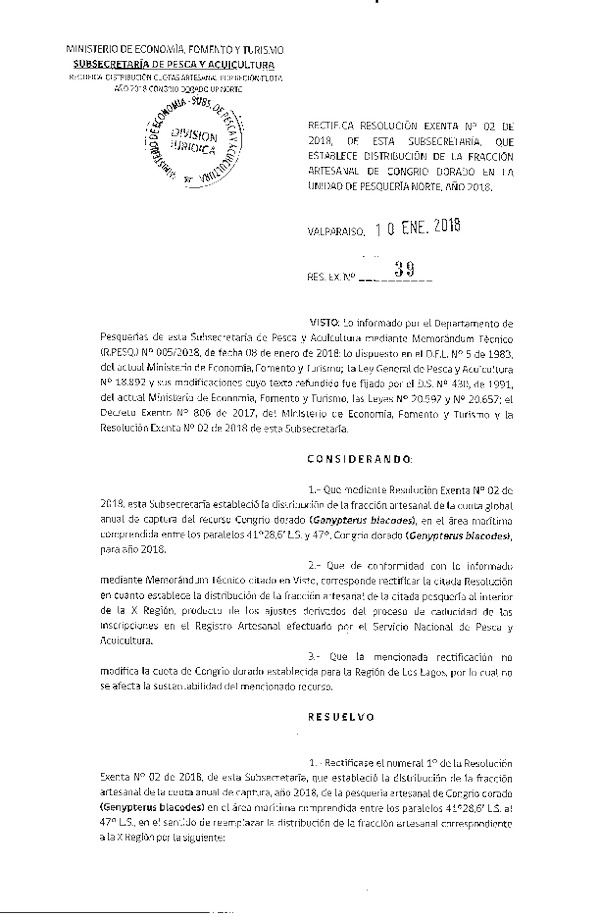 Res. Ex. N° 39-2018 Rectifica Res. Ex. N° 2-2018 Establece Distribución de la Fracción Artesanal de Congrio Dorado, Unidad de Pesquería Norte, X-XI Regiones. (Publicado en Página Web 11-01-2018) (F.D.O. 18-01-2018)