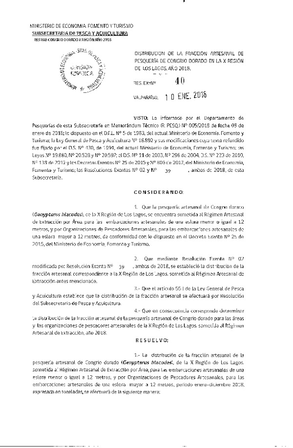 Res. Ex. N° 40-2018 Distribución de la Fracción Artesanal de Congrio Dorado, X Regiones, año 2018. (Publicado en Página Web 11-01-2018) (F.D.O. 18-01-2018)