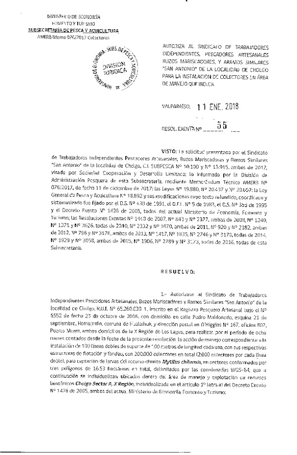 Res. Ex. N° 55-2018 Instalación de Colectores.