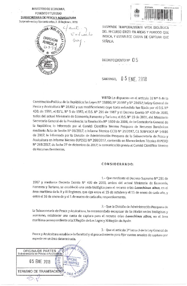 Dec. Ex. Nº 5-2018 Suspende Temporalmente Veda Biológica Recurso Erizo X-XI Regiones y Establece Cuota de Captura. (Publicado en Página Web 12-01-2018) (F.D.O. 17-01-2018)