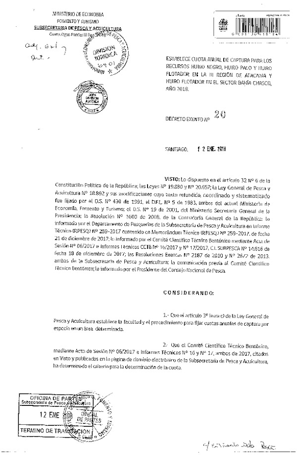 Dec. Ex. N° 20-2018 Establece Cuota de Captura Recursos Huiro Negro, Huiro Palo y Huiro Flotador en la III Región de Atacama y Huiro Flotador en Sector Bahía Chasco, Año 2018. (Publicado en Página web 15-01-2018) (F.D.O. 17-01-2018)