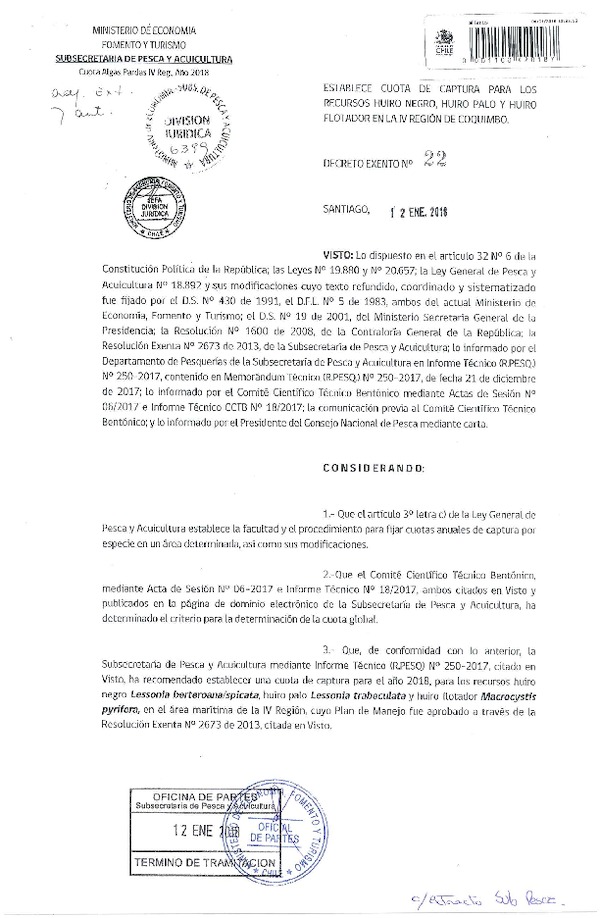 Dec. Ex. N° 22-2018 Establece Cuota de Captura Recursos Huiro Negro, Huiro Palo y Huiro Flotador en la IV Región de Coquimbo, Año 2018. (Publicado en Página web 15-01-2018) (F.D.O. 17-01-2018)