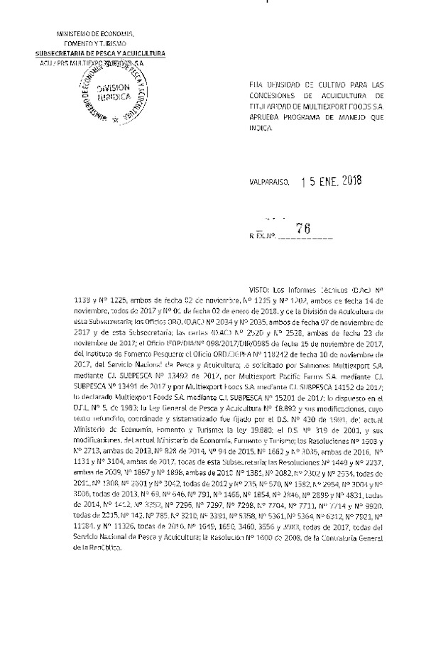 Res. Ex. N° 76-2018 Fija Densidad de Cultivo para las Concesiones de Acuicultura que Indica. (Con Informe Técnico) (Publicado en Página Web 16-01-2018)