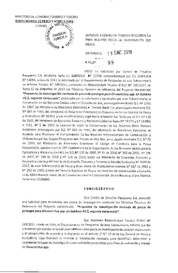 Res. Ex. N° 98-2018 Propuesta de investigación revisada de pesca de palangre. (Publicada en Página Web 16-01-2018)