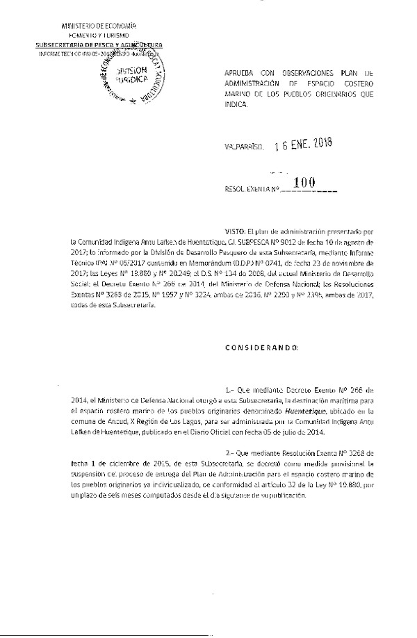 Res. Ex. N° 100-2018 Aprueba con Observaciones Plan de Administración de ECMPO Huentetique, X Región. (Publicado en Página Web 16-01-2018)