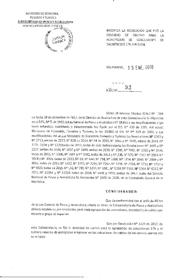 Res. Ex. N° 93-2018 Modifica Res. Ex. N° 1229-2017 Fija Densidad de Cultivo para la Agrupación de Concesiones de Salmónidos 17 B, X Región. Aprueba Programa de Manejo que Indica. (Con Informe Técnico) (Publicado en Página Web 16-01-2018) (F.D.O. 25-01-2018)