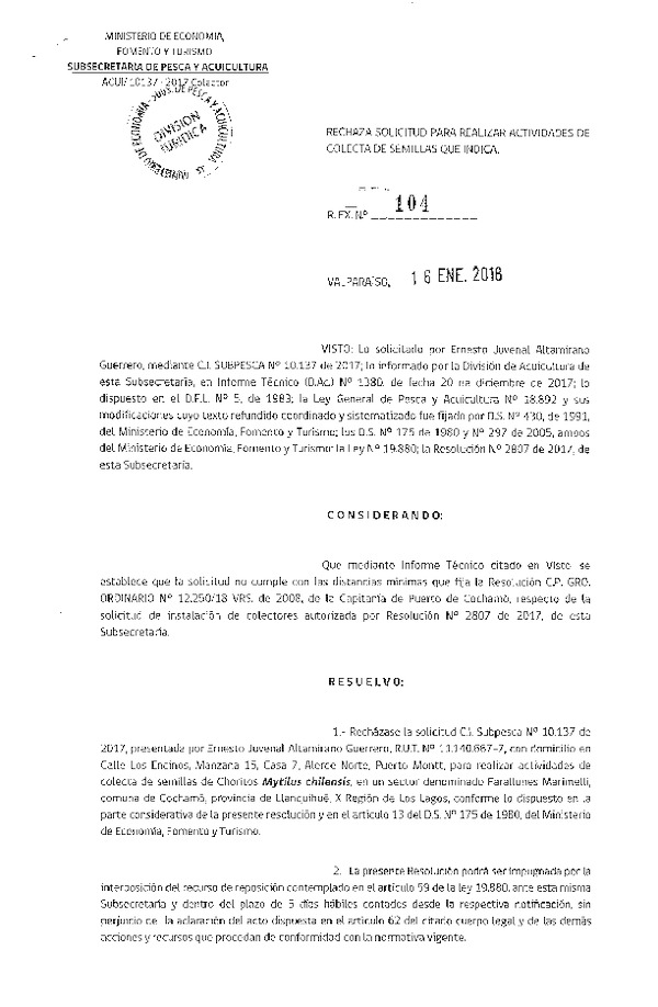 Res. Ex. N° 104-2018 Rechaza solicitud colecta de semillas que indica.