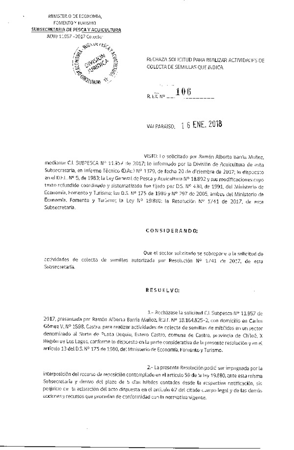 Res. Ex. N° 106-2018 Rechaza solicitud colecta de semillas que indica.