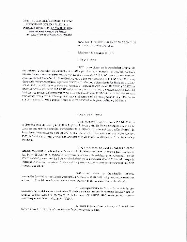 Res. Ex. N° 1-2018 Modifica Res. Ex. N° 88-2017 (DZP VIII) Autoriza Cesión Sardina común, VIII Región.