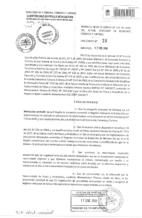 Dec. Ex. N° 29-2018 Modifica Dec. Ex. N° 114-2005 Establece Régimen Artesanal de Extracción por Organización para la Pesquería Artesanal de Merluza del sur en la XI Región. (Publicado en Página Web 22-01-2018) (F.D.O. 24-01-2018)