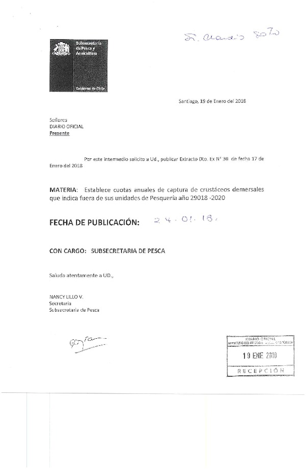 Dec. Ex. N° 30-2018 Establece Cuotas Anuales de Captura de Crustáceos Demersales que Indica Fuera de sus Unidades de Pesquería, Años 2018-2020. (Publicado en Página Web 22-01-2018) (F.D.O. 24-01-2018)