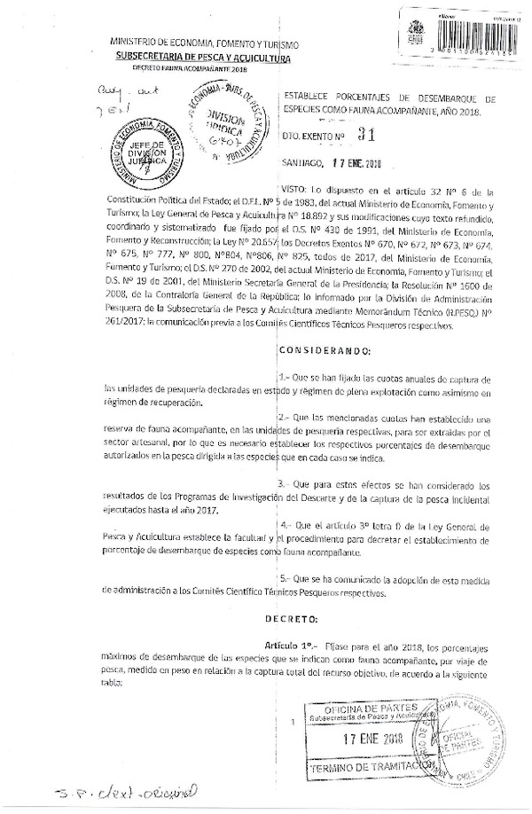 Dec. Ex. Nº 31-2018 Establece Porcentajes de Desembarque de Especies como Fauna Acompañante de Pesquerías Artesanales que Indica, Año 2018. (Publicado en Página Web 22-01-2018) (F.D.O. 24-01-2018)