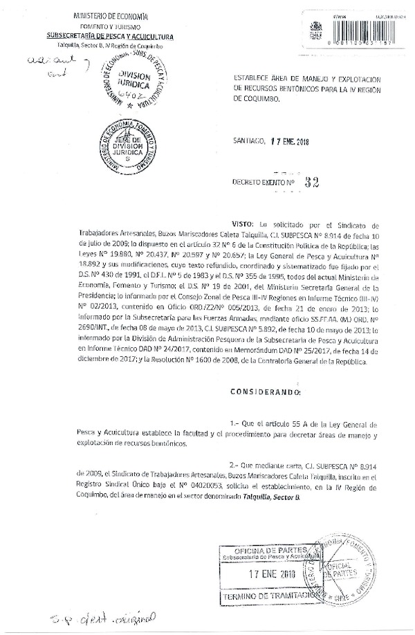 Dec. Ex. N° 32-2018 Establece Área de Manejo Talquilla, Sector B, IV Región. (Publicado en Página Web 22-01-2018) (F.D.O. 24-01-2018)