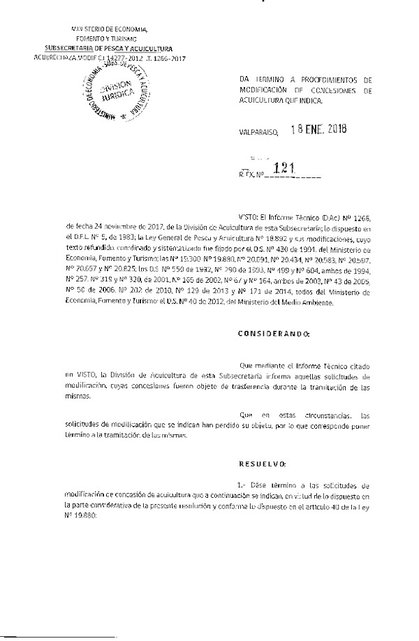 Res. Ex. N° 121-2018 Da termino a procedimiento de modificación de concesiones de acuicultura que indica.
