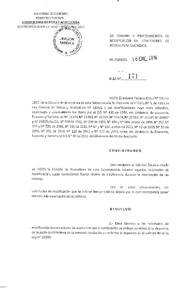 Res. Ex. N° 171-2018 Da termino a procedimientos de modificación de concesiones de acuicultura que indica.