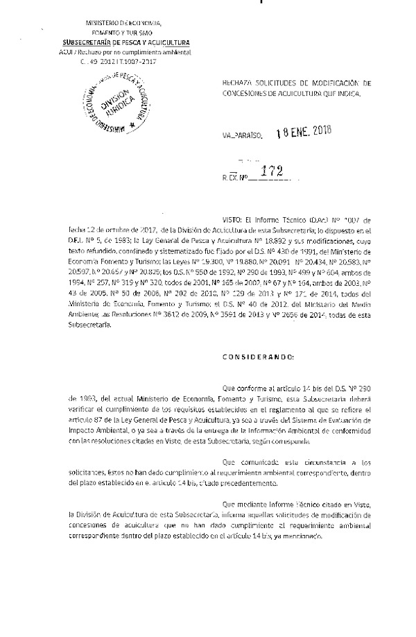 Res. Ex. N° 172-2018 Rechaza solicitud de modificación de concesiones de acuicultura que indica.