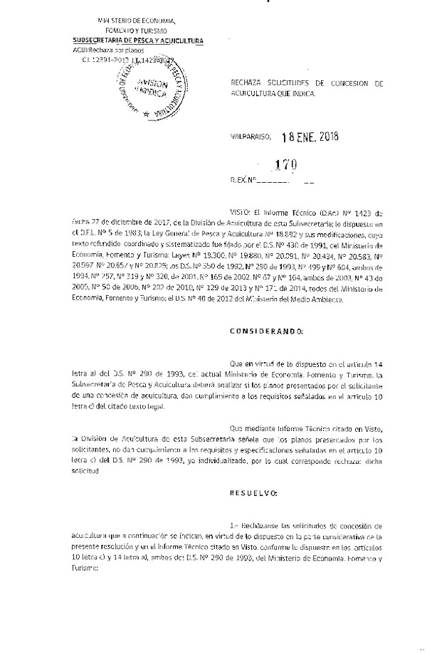 Res. Ex. N° 170-2018 Rechaza solicitudes de concesión de acuicultura que indica.