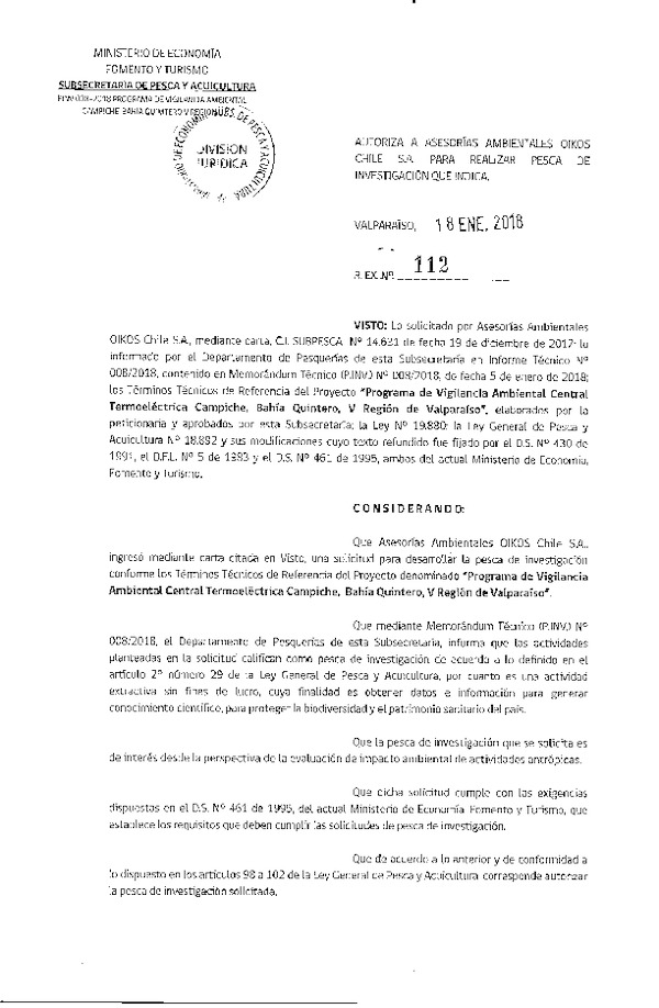 Res. Ex. N° 112-2018 Programa de vigilancia ambiental, V Región.