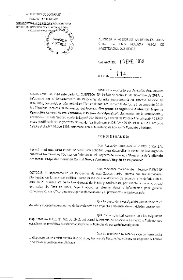 Res. Ex. N° 114-2018 Programa de vigilancia ambiental, V Región.