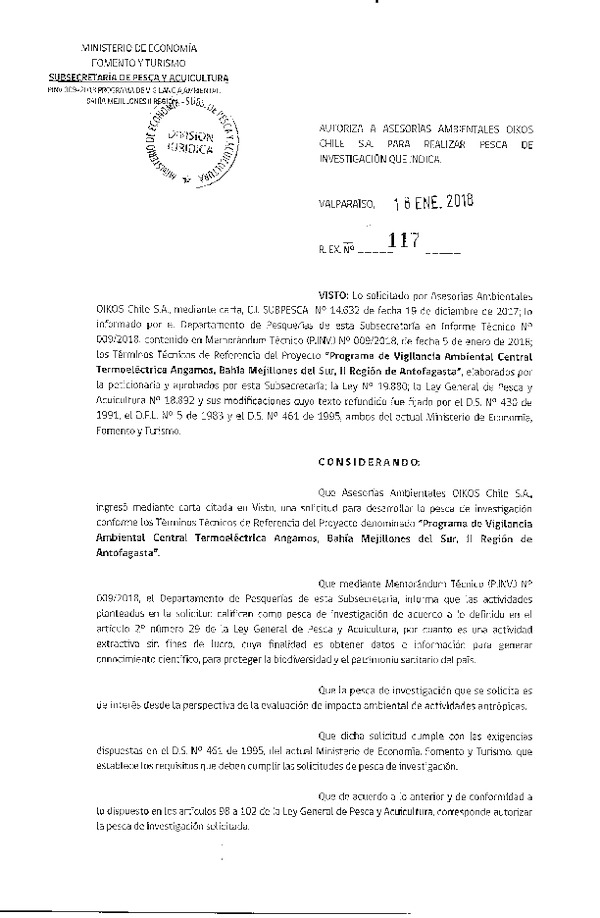 Res. Ex. N° 117-2018 Programa de vigilancia ambiental, II Región.