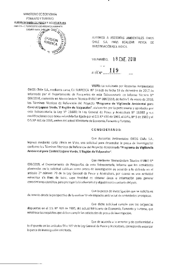 Res. Ex. N° 119-2018 Programa de vigilancia ambiental, V Región.