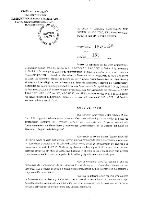 Res. Ex. N° 159-2018 Levantamiento de línea base y monitoreos limnológicos.