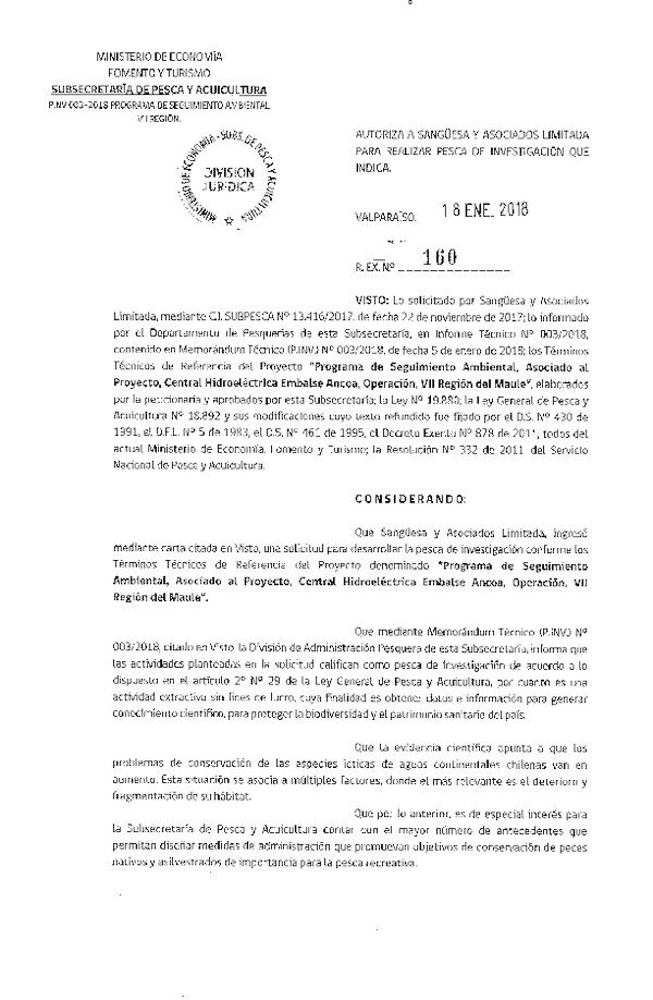 Res. Ex. N° 160-2018 Programa de seguimiento ambiental, VII Región.