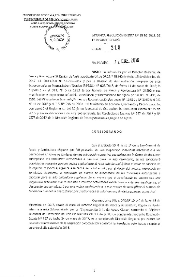 Res. Ex. N° 219-2018 Modifica Res. Ex. N° 35-2018 Distribución de la Fracción Artesanal de Pesquería de Merluza del Sur, XI Región, Año 2018. (Publicado en Página Web 23-01-2018) (F.D.O. 29-01-2018)