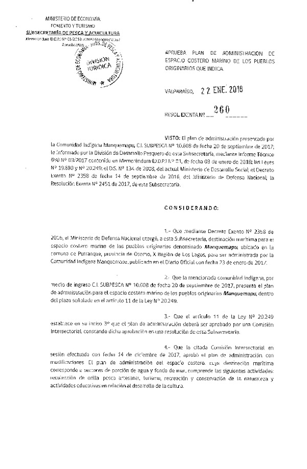 Res. Ex. N° 260-2018 Aprueba plan de administración de ECMPO, Manquemapu, X Región.