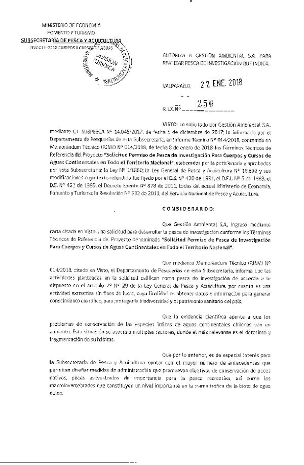 Res. Ex. N° 250-2018 Solicitud permiso de pesca de investigación cuerpos y cursos de aguas continentales.