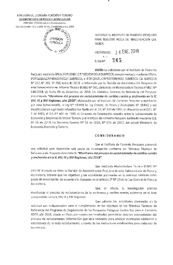 Res. Ex. N° 265-2018 Monitoreo del proceso de reclutamiento de anchoveta y sardina común V, VIII, IX y XIV Regiones año 2018.
