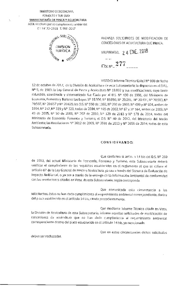 Res. Ex. N° 277-2018 Rechaza solicitudes de modificación de de concesiones de acuicultura que indica.